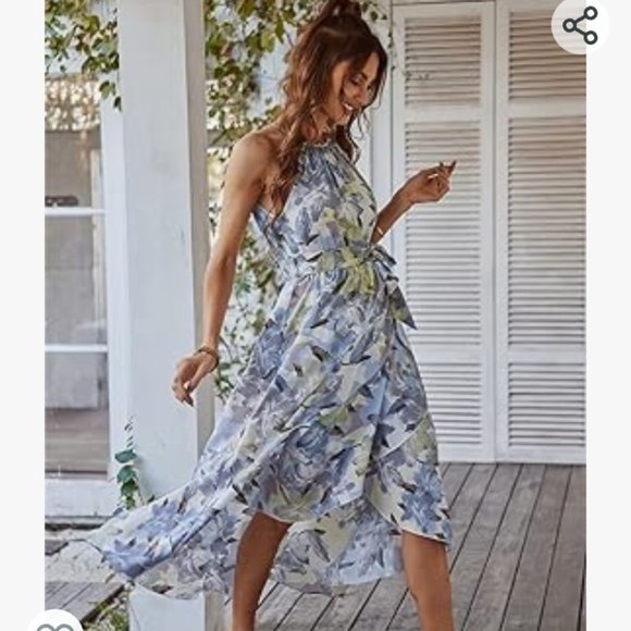 Pastel Blue Floral Wrap & Ruffled Halter Neck Sleeveless Belted Dress - Picture 3 of 15